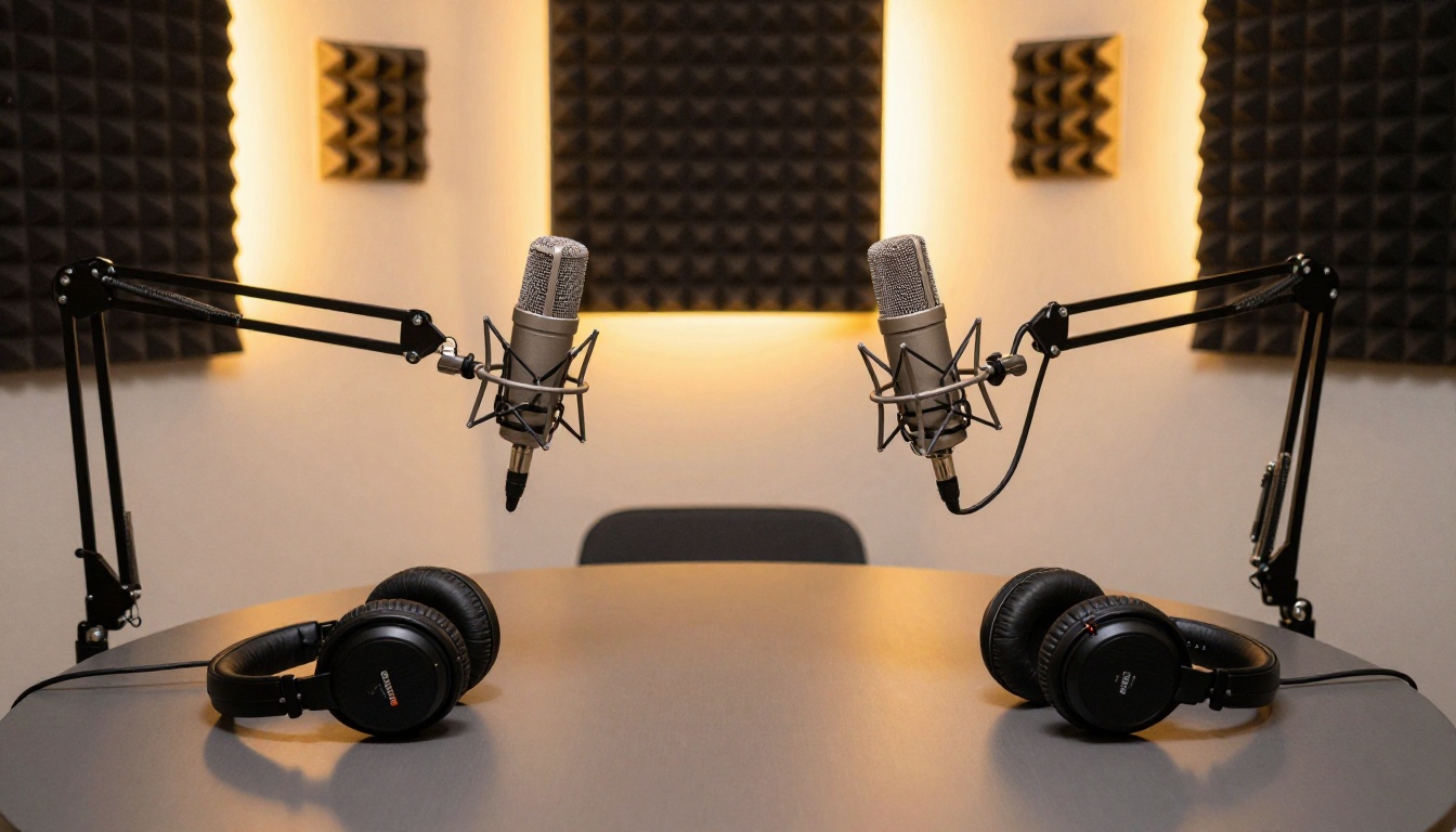 Aerial top-down view of a podcast recording setup with two condenser microphones and headphones