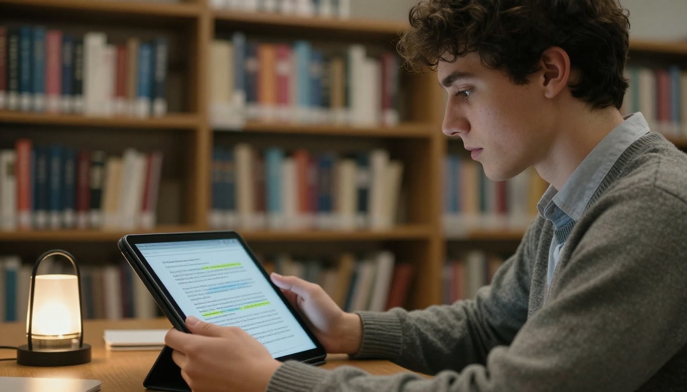 Young researcher in a university library reviewing a highlighted transcript on a tablet