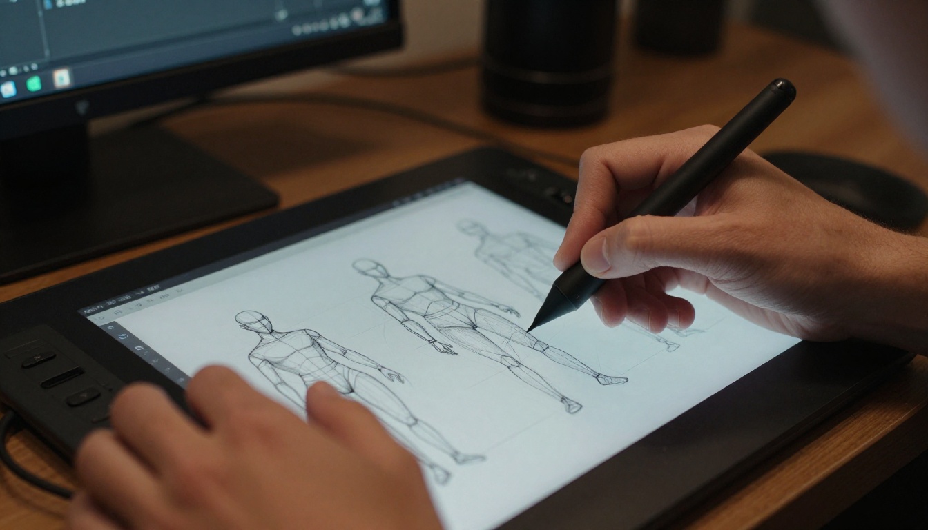 Game developer's hands sketching wireframe designs on a graphics tablet