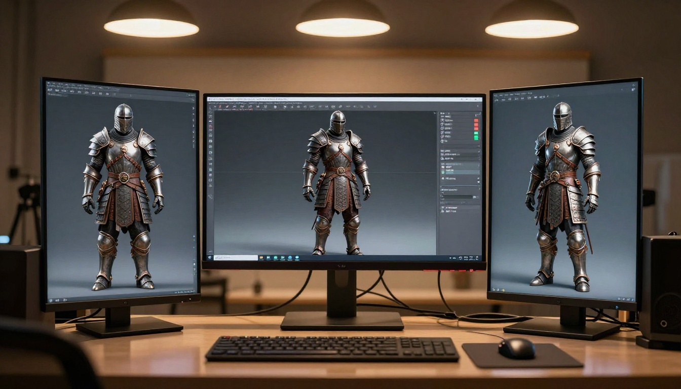 Wide studio shot of monitors displaying AI-generated 3D warrior characters with armor detail