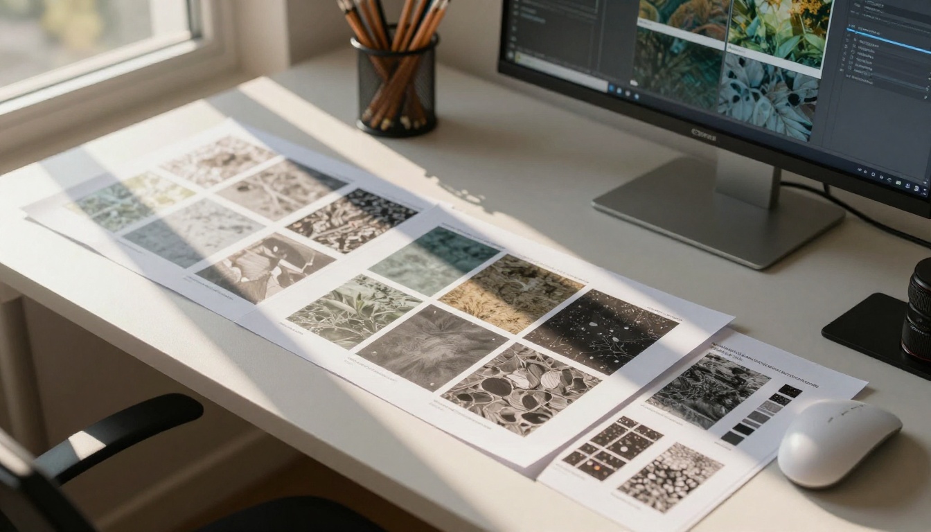 Overhead flat-lay of printed PBR texture reference sheets spread across a developer's desk