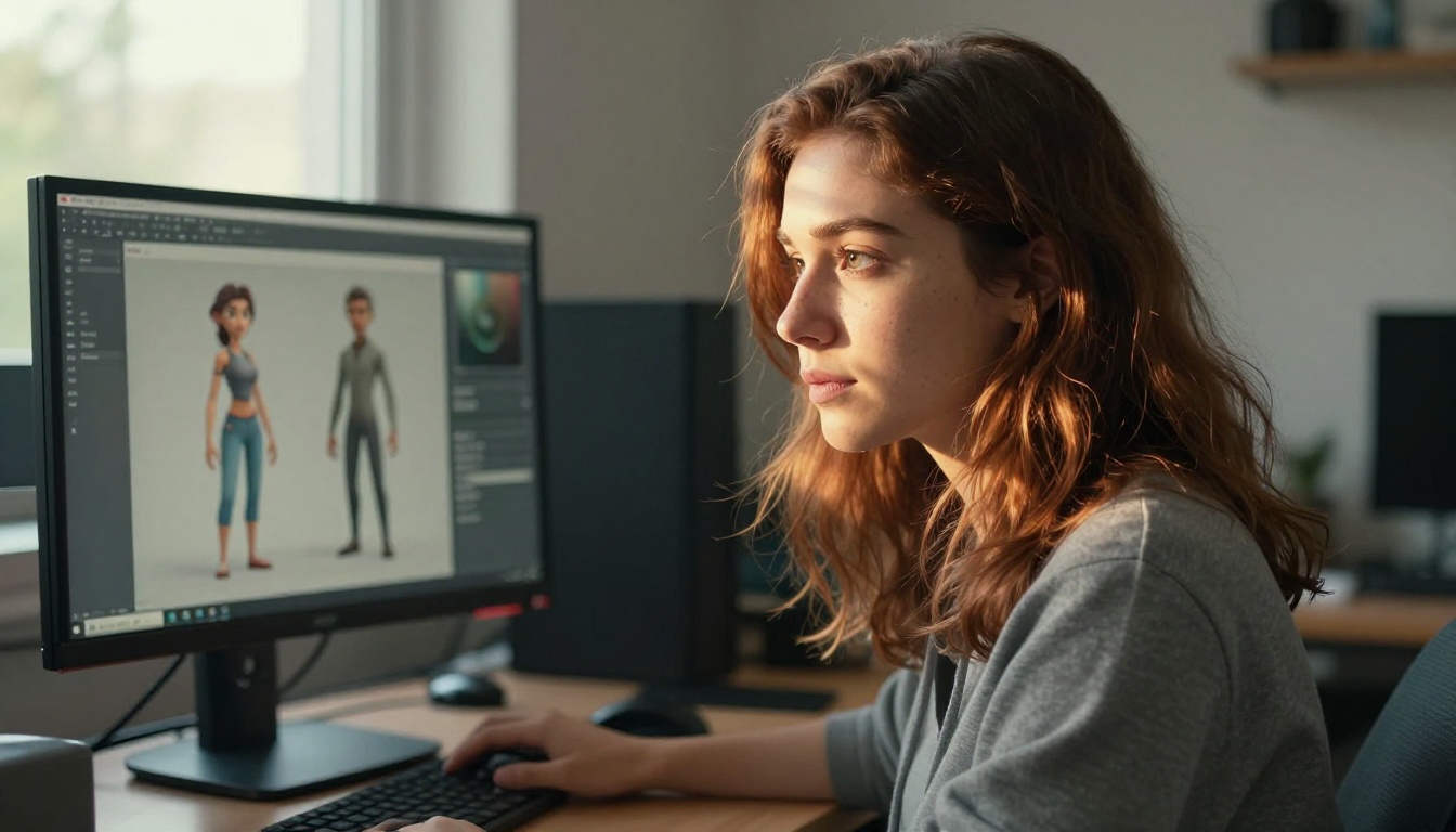 Portrait of young female game developer studying AI-generated character models at her workstation