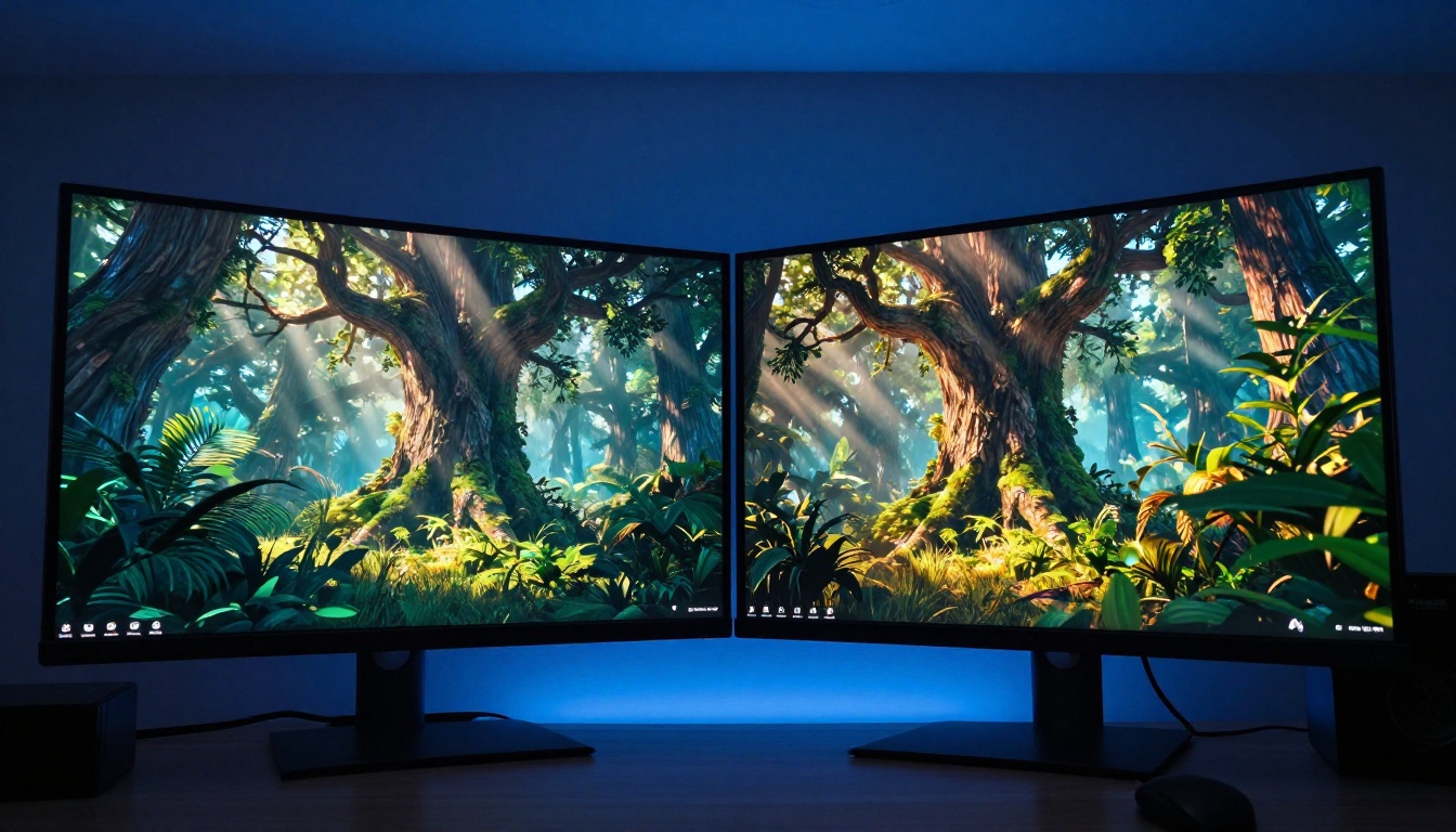 Low-angle shot of dual monitors displaying a lush AI-generated fantasy forest game environment