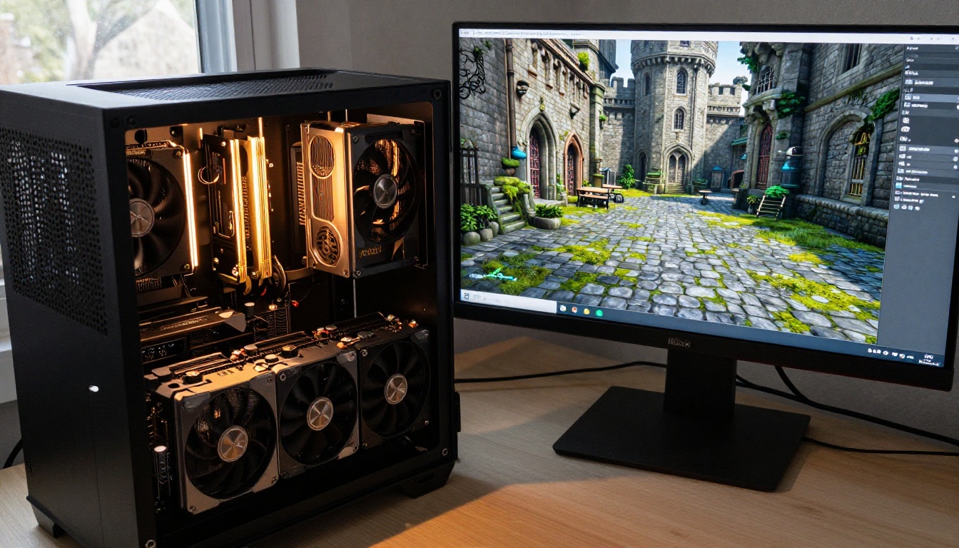 Open PC case with GPU cards next to a monitor rendering a photorealistic stone castle courtyard