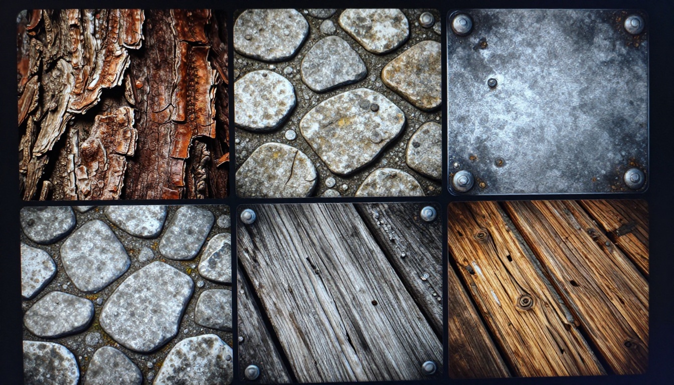 Extreme macro close-up of AI-generated PBR game texture tiles on a monitor screen
