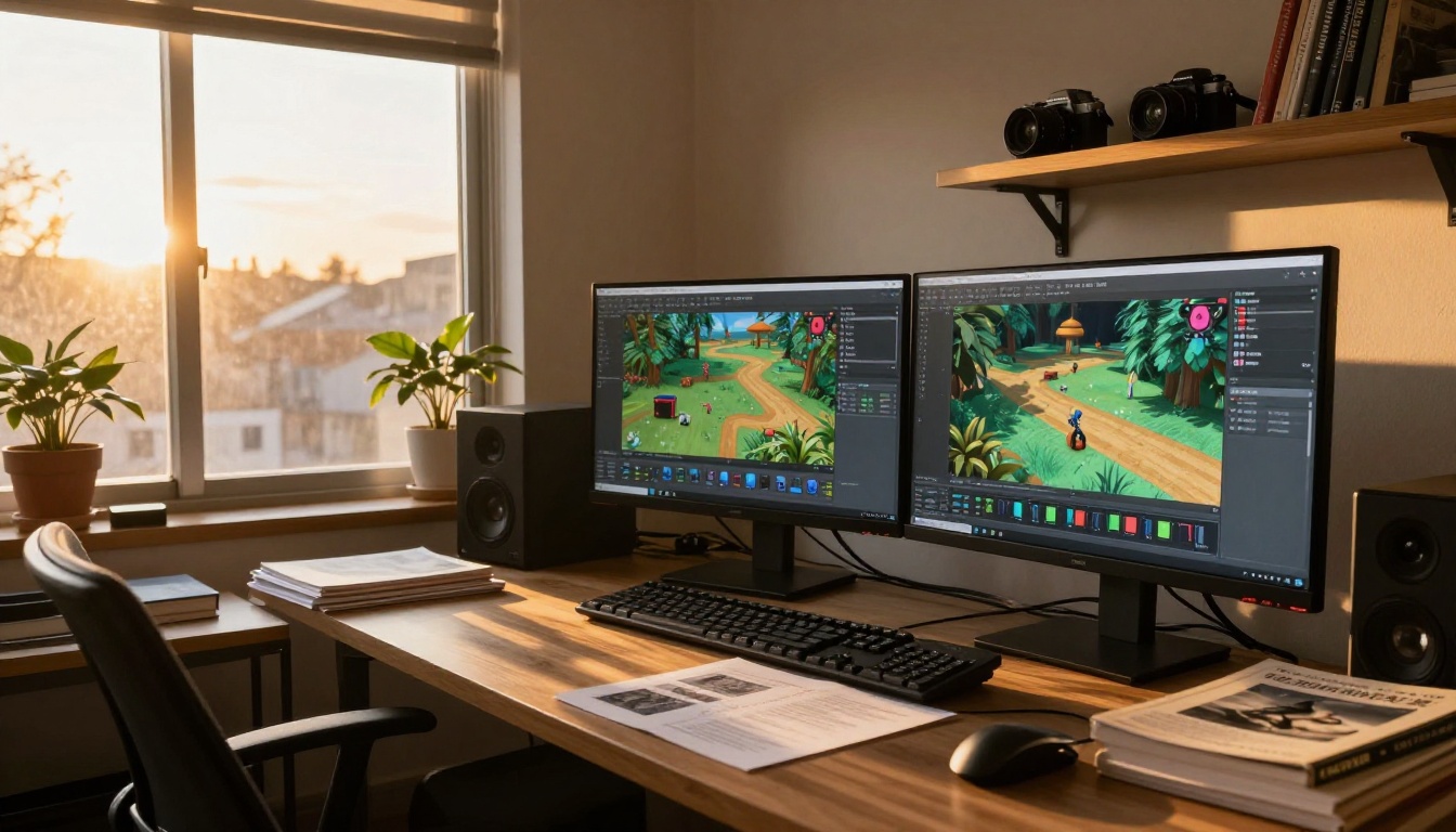 Indie game developer's home studio at golden hour with monitors showing a half-built 3D game environment