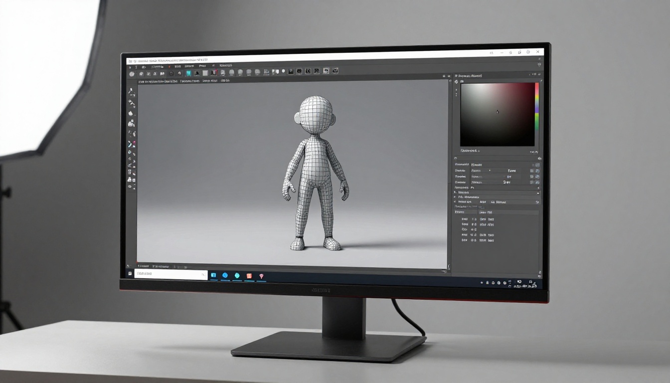 Professional monitor displaying a completed AI-generated 3D character in T-pose with wireframe overlay