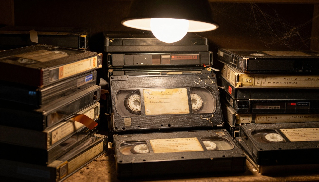 Stack of deteriorated VHS tapes on a dusty basement shelf