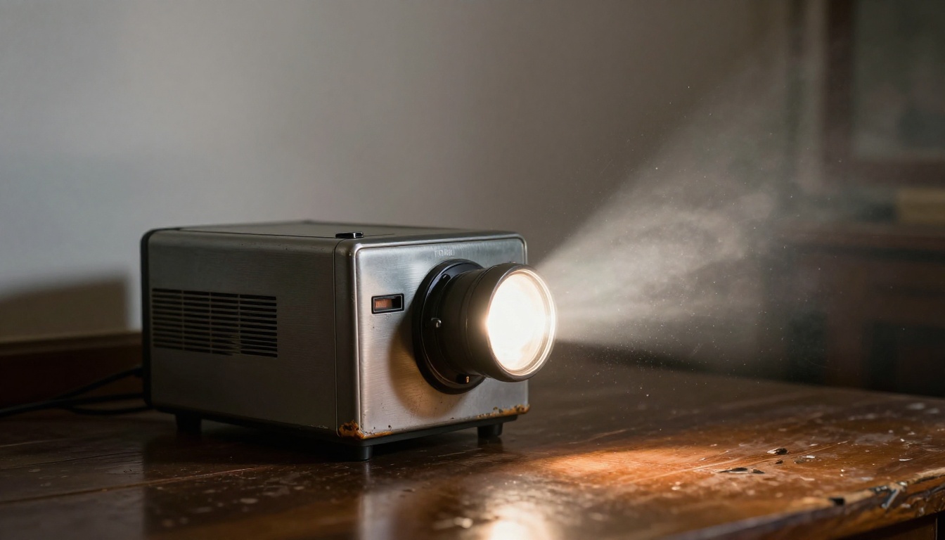 Vintage film projector casting a beam of light through a darkened room