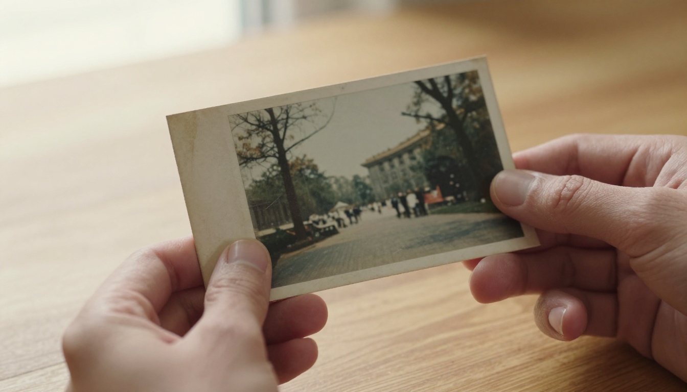Hands holding an old faded photograph showing degraded color versus restored quality