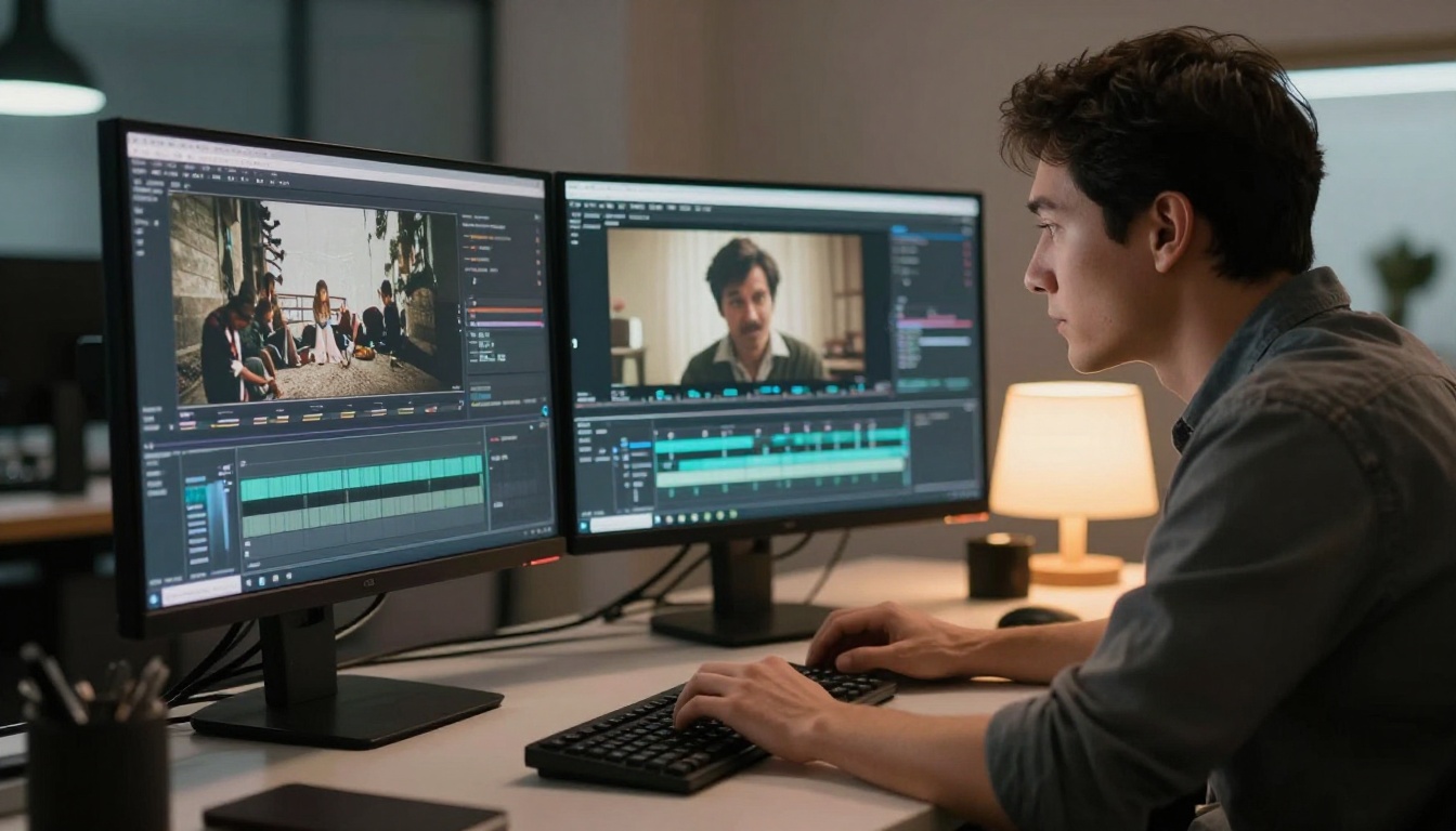 Professional video editor reviewing before and after footage on dual monitors in a studio
