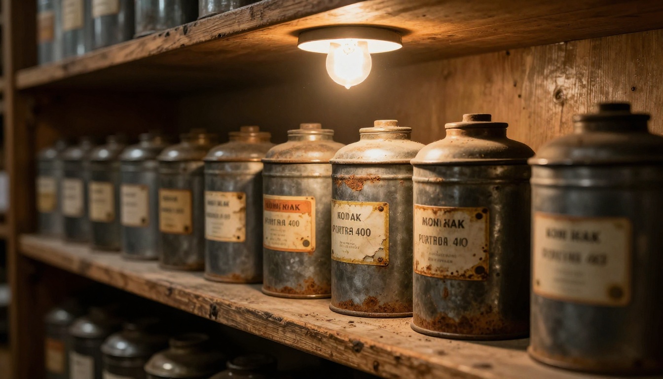 Vintage film canisters on an archival shelf