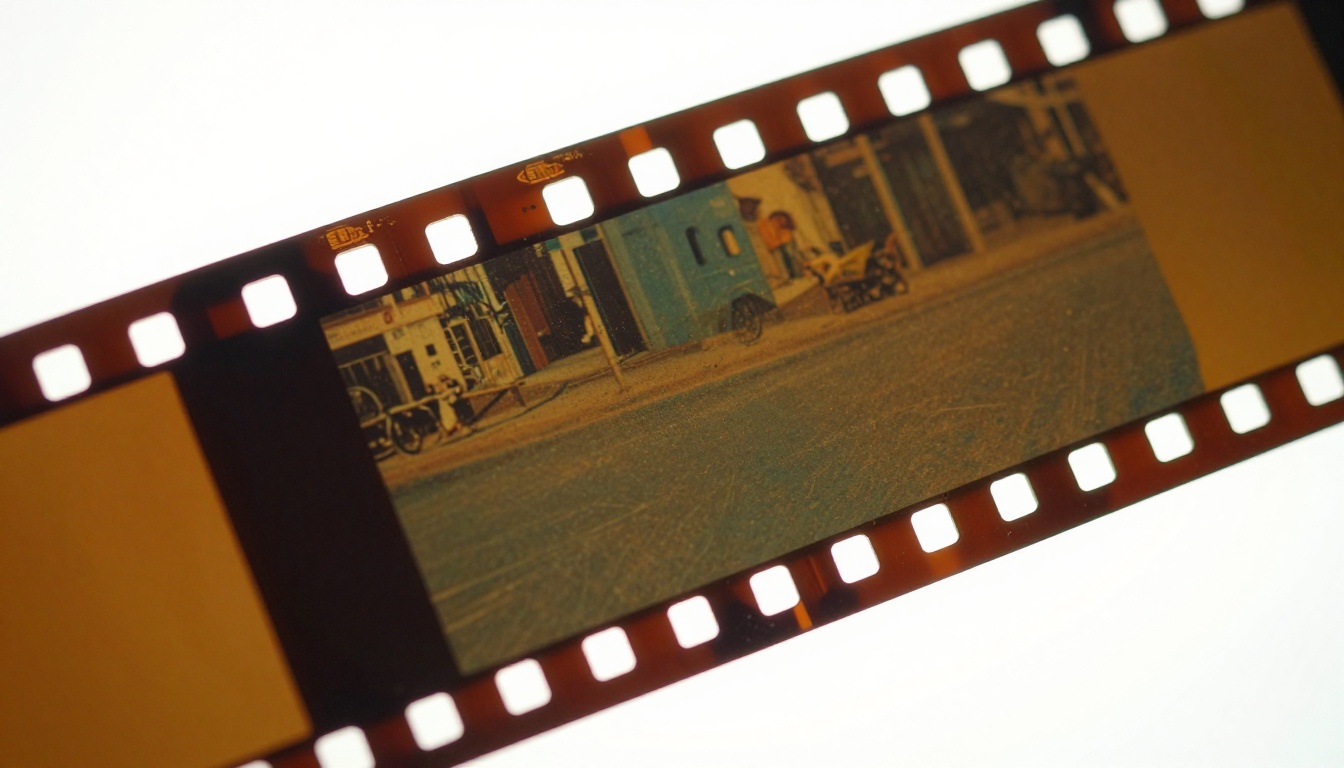 Extreme macro close-up of deteriorated 35mm film strip on a backlit light table