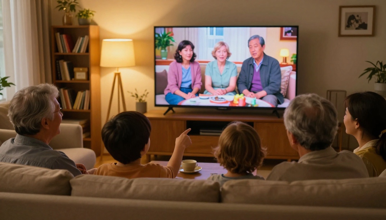 Multi-generational family gathered on a sofa watching a restored home video on a large TV