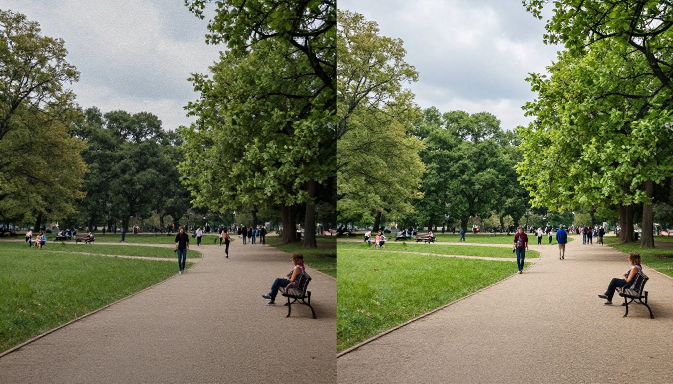 Before and after comparison showing grainy versus restored 4K footage
