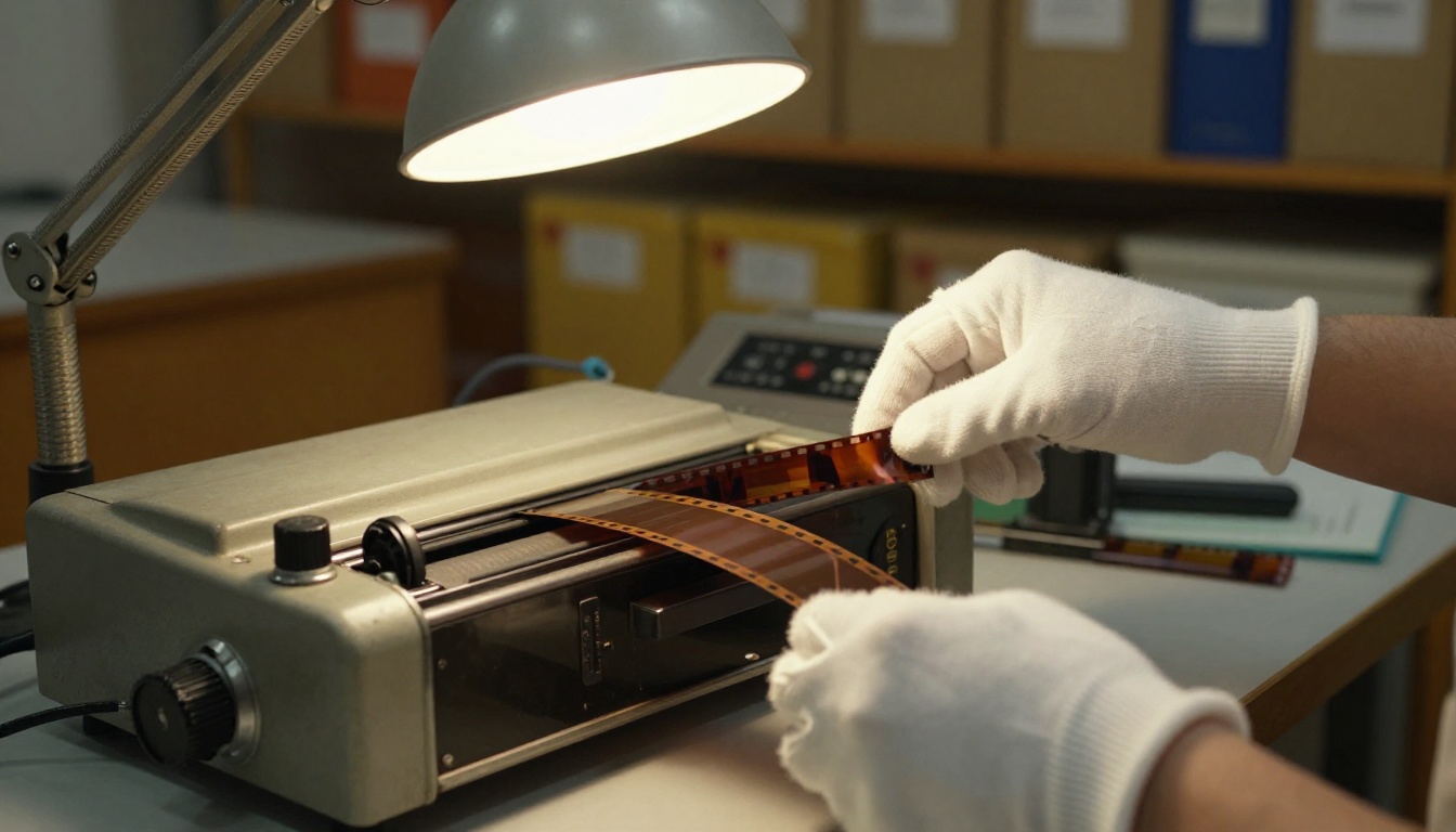 An archivist in white gloves carefully threading vintage film through a digitization scanner
