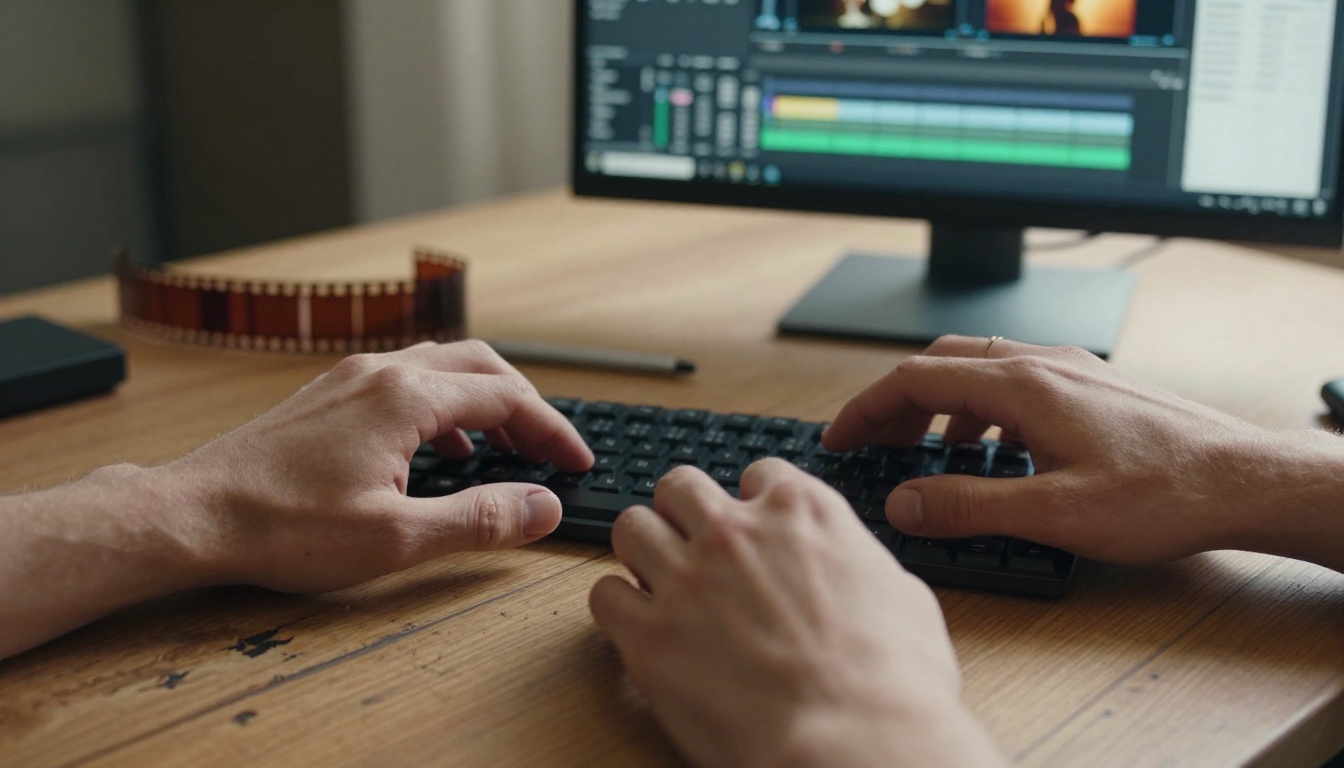 Filmmaker's hands on a mechanical keyboard with a cinematic color-graded video editing timeline visible on monitor, aged oak desk surface Filmmaker's hands on a mechanical keyboard with a cinematic color-graded video editing timeline visible on monitor, aged oak desk surface