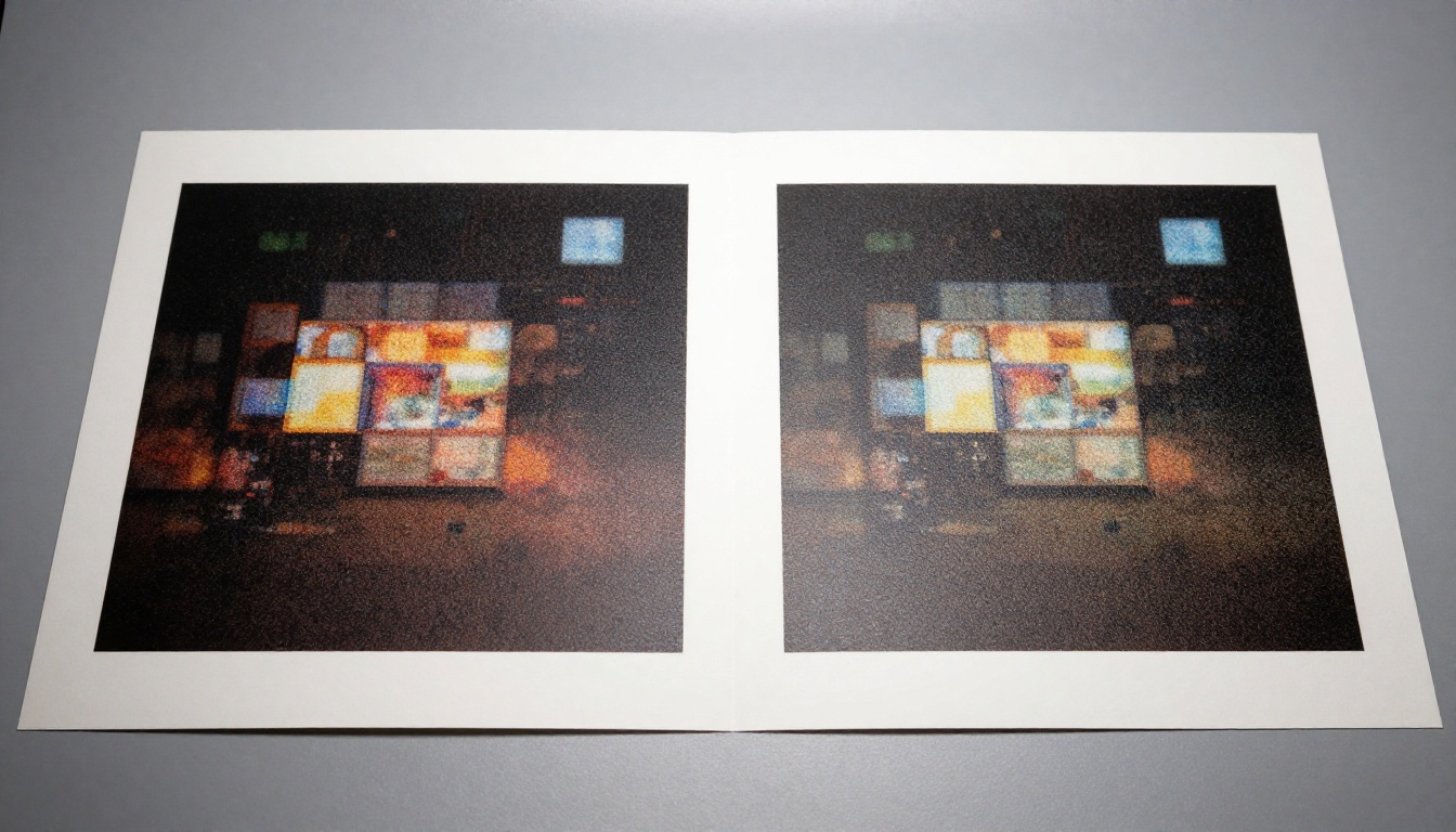 Photo comparison on a professional light table showing pixelated vs sharp AI-upscaled print
