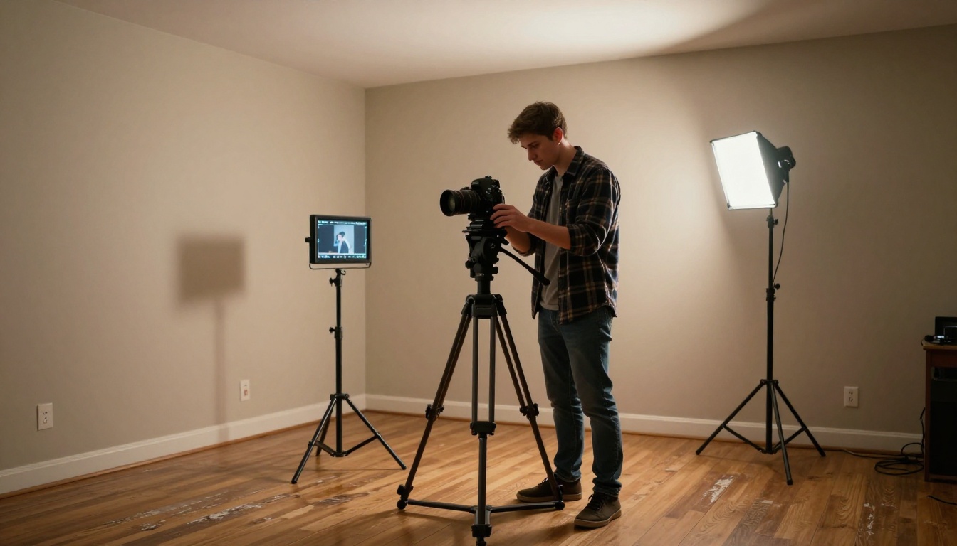 Documentary photo of a filmmaker looking through the viewfinder of a DSLR on a modest apartment set, low-angle shot conveying focus and dedication Documentary photo of a filmmaker looking through the viewfinder of a DSLR on a modest apartment set, low-angle shot conveying focus and dedication