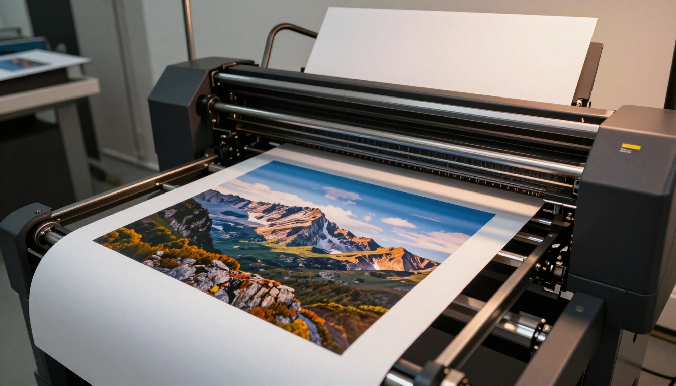 Large-format inkjet printer actively producing a sharp mountain landscape photograph