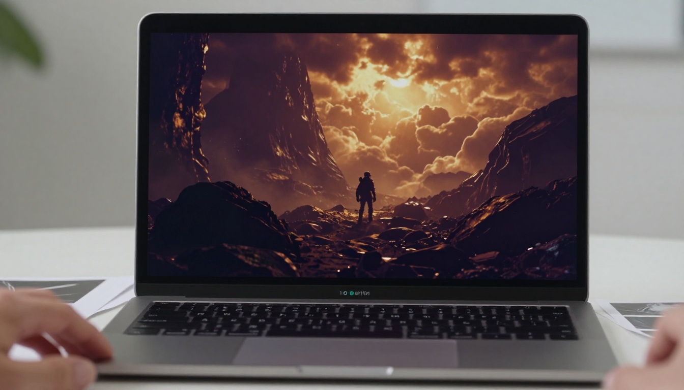 Laptop screen displaying AI-generated cinematic sci-fi concept art with dramatic amber and purple cloud formations, lone explorer figure in mid-distance Laptop screen displaying AI-generated cinematic sci-fi concept art with dramatic amber and purple cloud formations, lone explorer figure in mid-distance