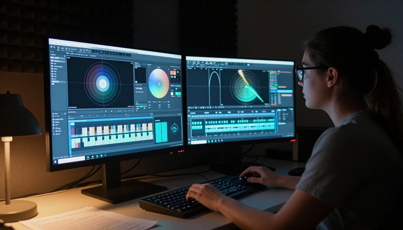 A video editor working late at night at a dual-monitor color grading workstation, screen glow illuminating her face, DaVinci Resolve control surface with trackball visible A video editor working late at night at a dual-monitor color grading workstation, screen glow illuminating her face, DaVinci Resolve control surface with trackball visible