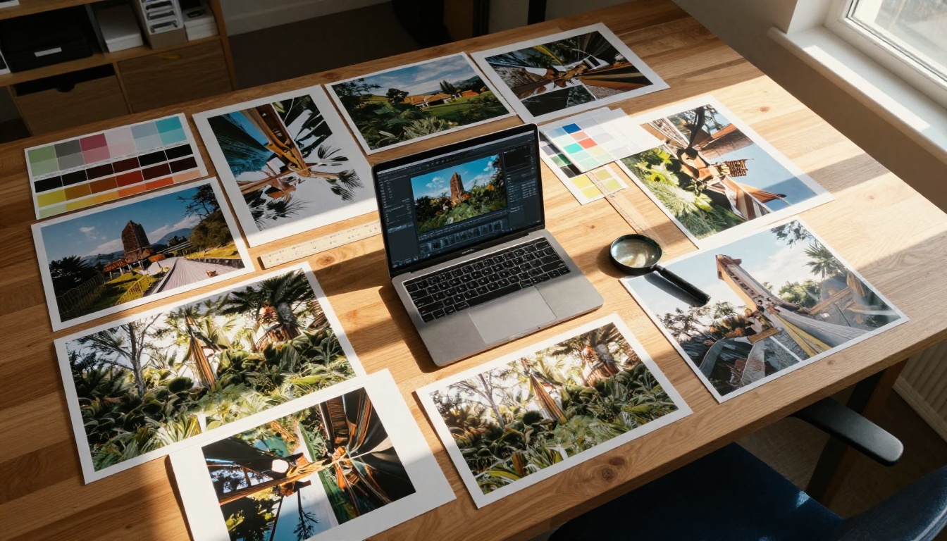 Graphic designer's workspace with large photo prints and upscaling software on screen