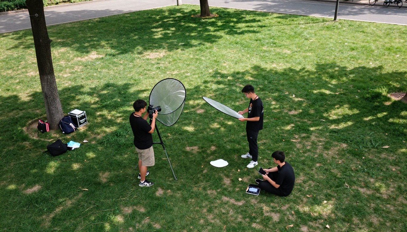 Aerial overhead photo of a small three-person indie film crew working outdoors in an urban park, one operating a camera, one holding a reflector, one reviewing a tablet Aerial overhead photo of a small three-person indie film crew working outdoors in an urban park, one operating a camera, one holding a reflector, one reviewing a tablet