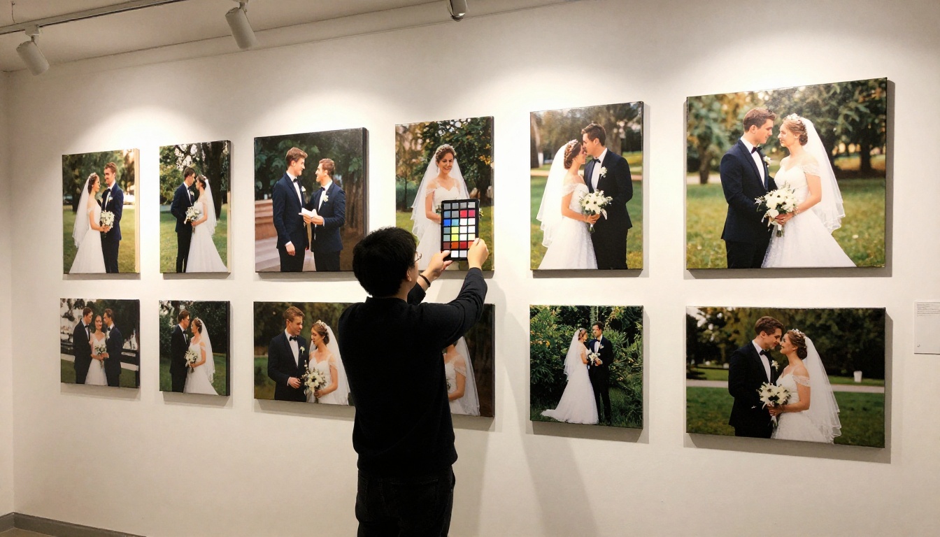 Wedding photographer carefully reviewing canvas prints mounted on a gallery wall
