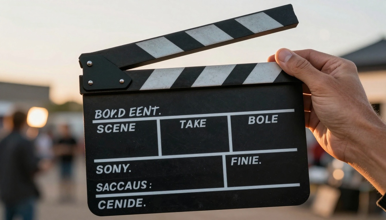Extreme close-up of a hand holding a black film clapperboard with handwritten chalk text, shallow depth of field with warm incandescent bokeh from set lights in the background