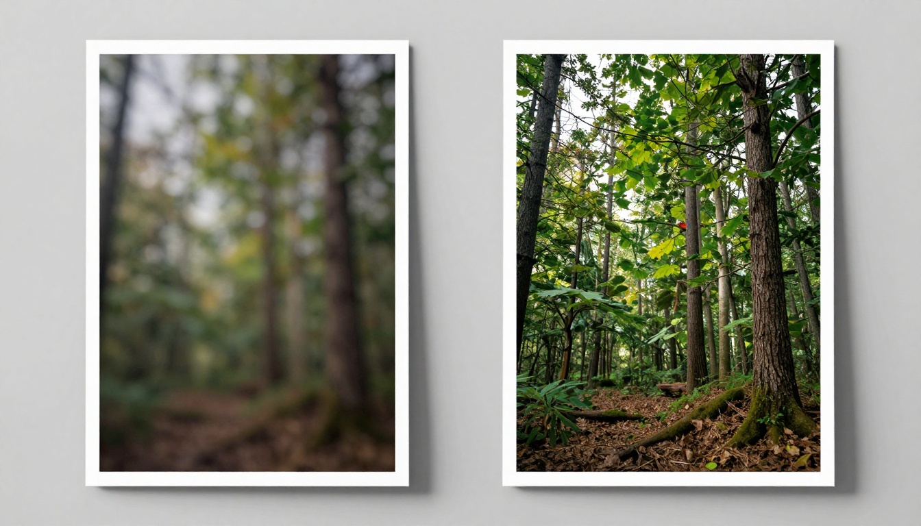 Two large prints side by side showing before and after AI upscaling comparison
