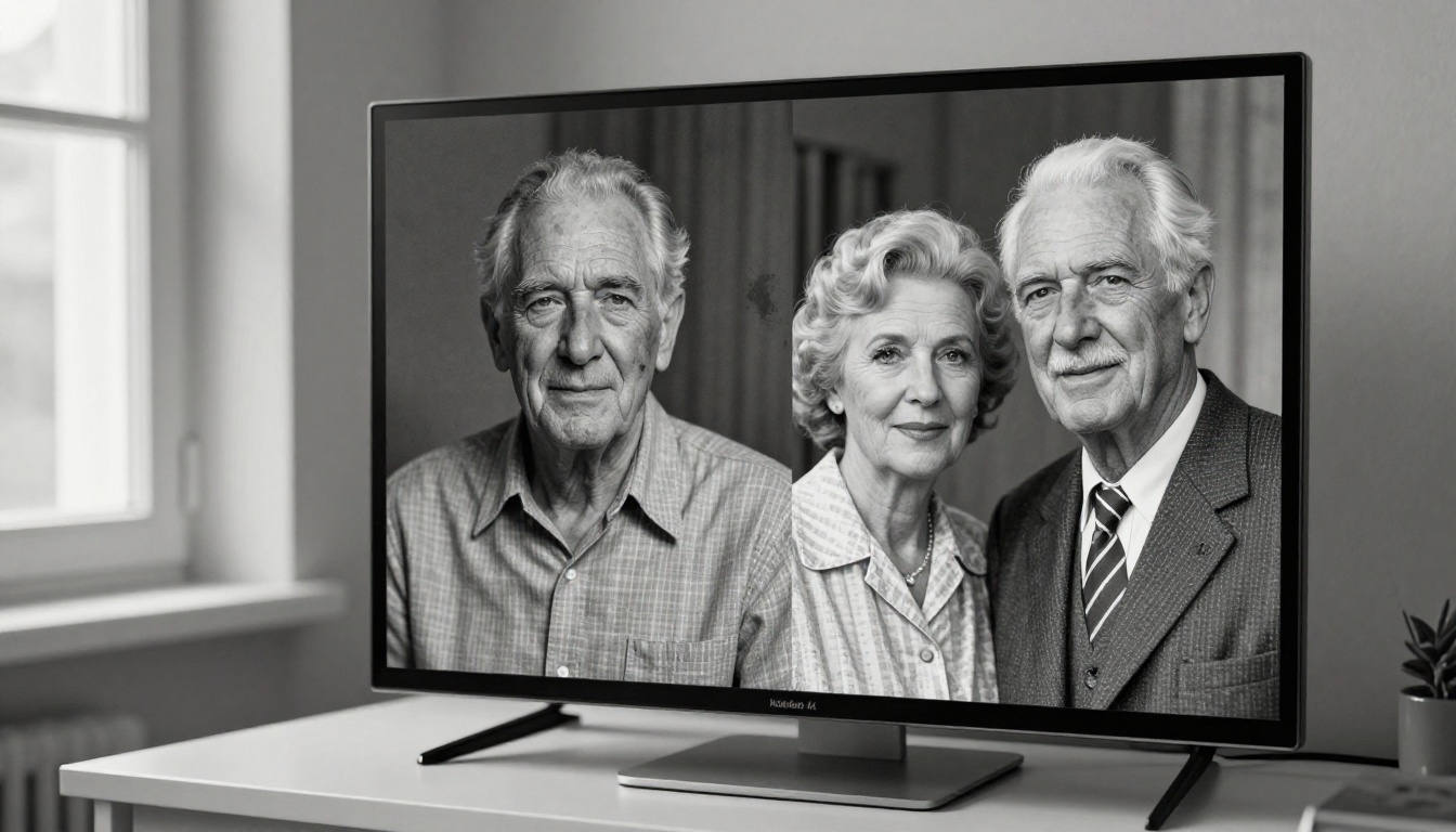 Vintage photo restoration displayed on a monitor showing before and after comparison