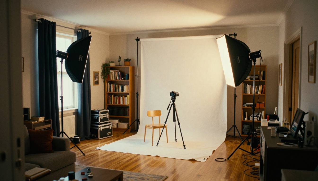 Wide-angle photo of a small apartment living room converted into a makeshift film studio with DIY clamp lights, diffusion paper on stands, DSLR on tripod, white bedsheet backdrop against wall