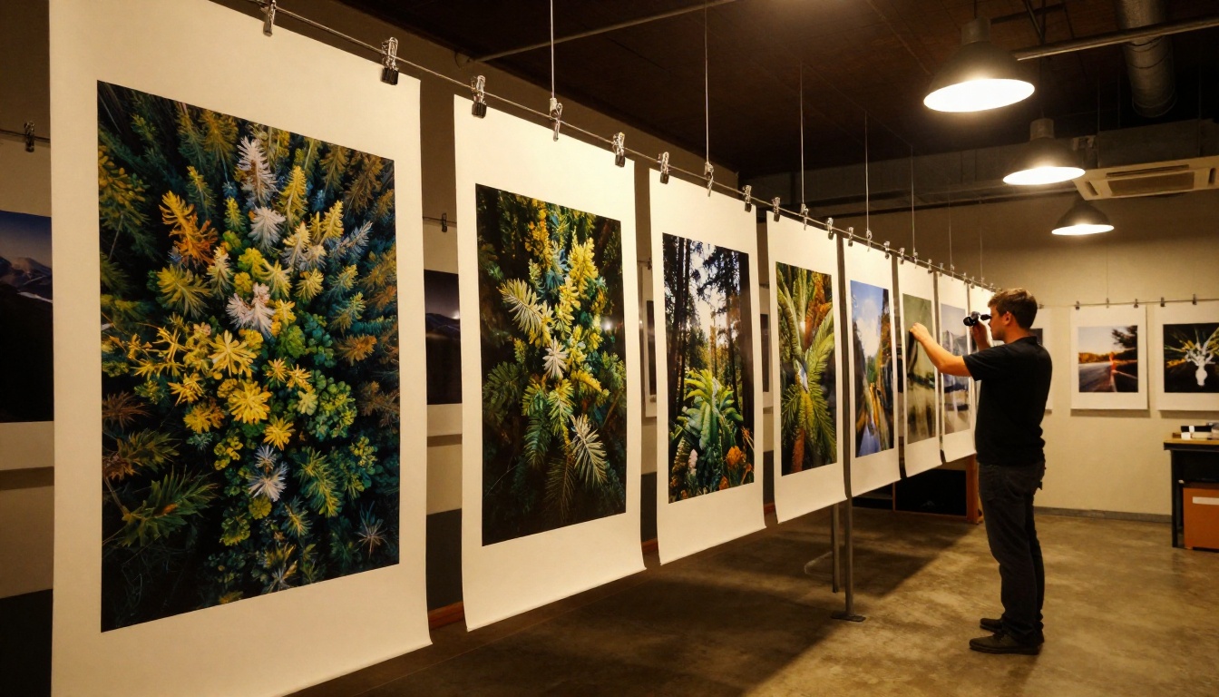 Professional print shop interior with rows of large photo prints hanging to dry