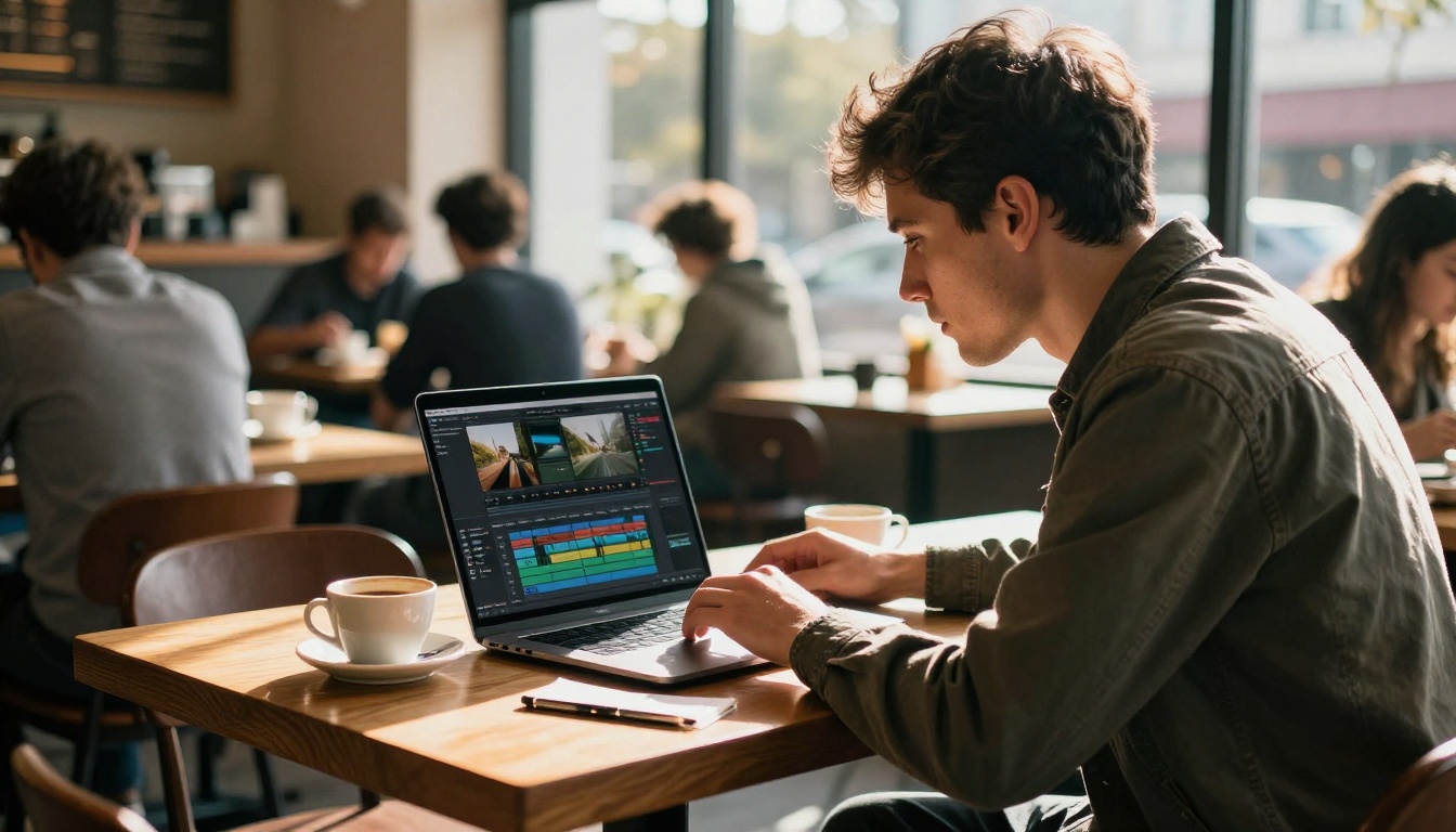 Young filmmaker reviewing footage on a 15-inch laptop in a coffee shop, warm afternoon sunlight streaming through floor-to-ceiling windows, ceramic coffee cup beside the laptop