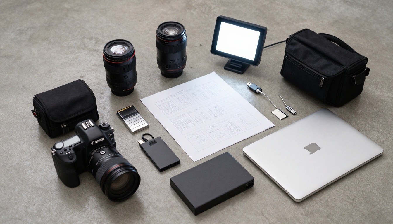 Overhead flat-lay of a complete low-budget filmmaker's kit on concrete: DSLR camera with 50mm lens, two prime lenses in pouches, portable LED panel, storyboard pages with pencil annotations, memory cards, portable hard drive, and laptop partially open