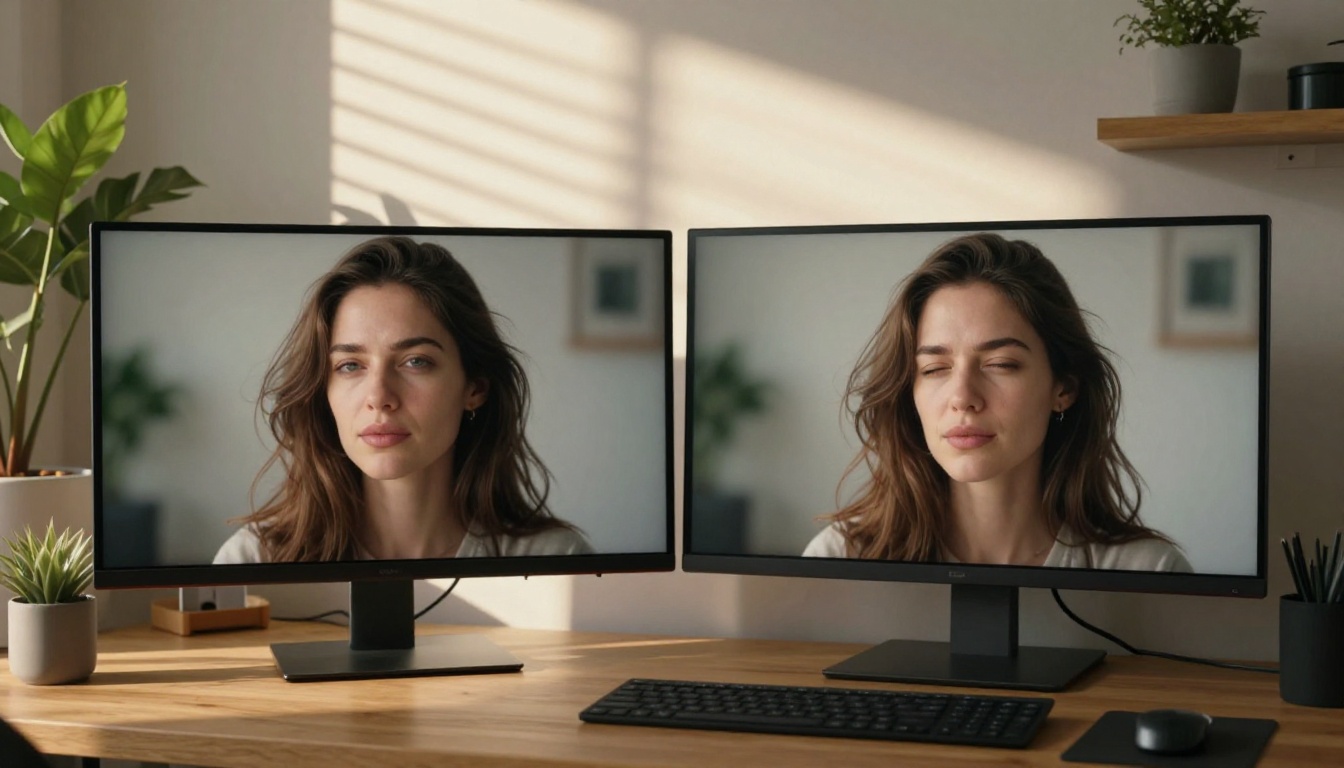 Side-by-side monitor comparison showing still image versus animated AI video output Side-by-side monitor comparison showing still image versus animated AI video output