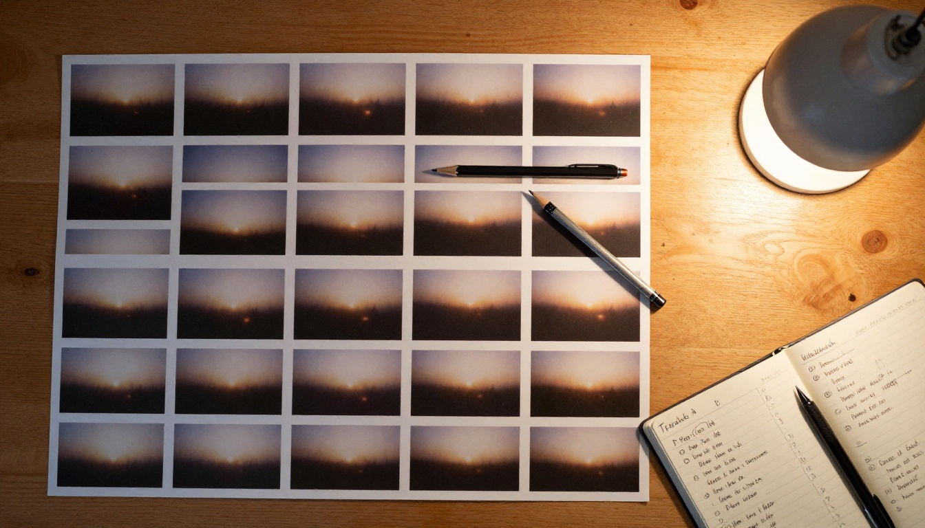 Overhead view of printed video frame contact sheets with handwritten comparison annotations on a wooden desk Overhead view of printed video frame contact sheets with handwritten comparison annotations on a wooden desk