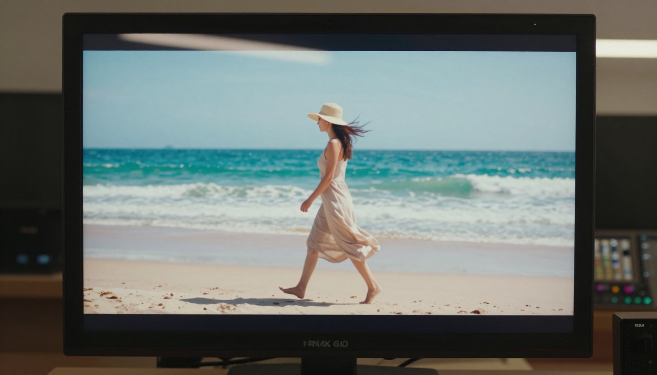 Professional video monitor showing AI-generated beach animation with motion blur on a woman walking the shoreline Professional video monitor showing AI-generated beach animation with motion blur on a woman walking the shoreline