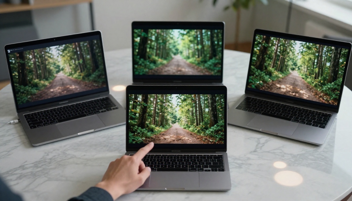 Three laptop screens on marble table showing varying AI video quality levels of the same forest scene