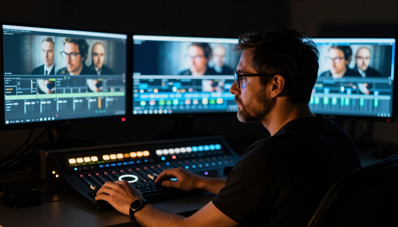 Professional video editor working late at night illuminated by multiple reference monitors in a darkened editing suite