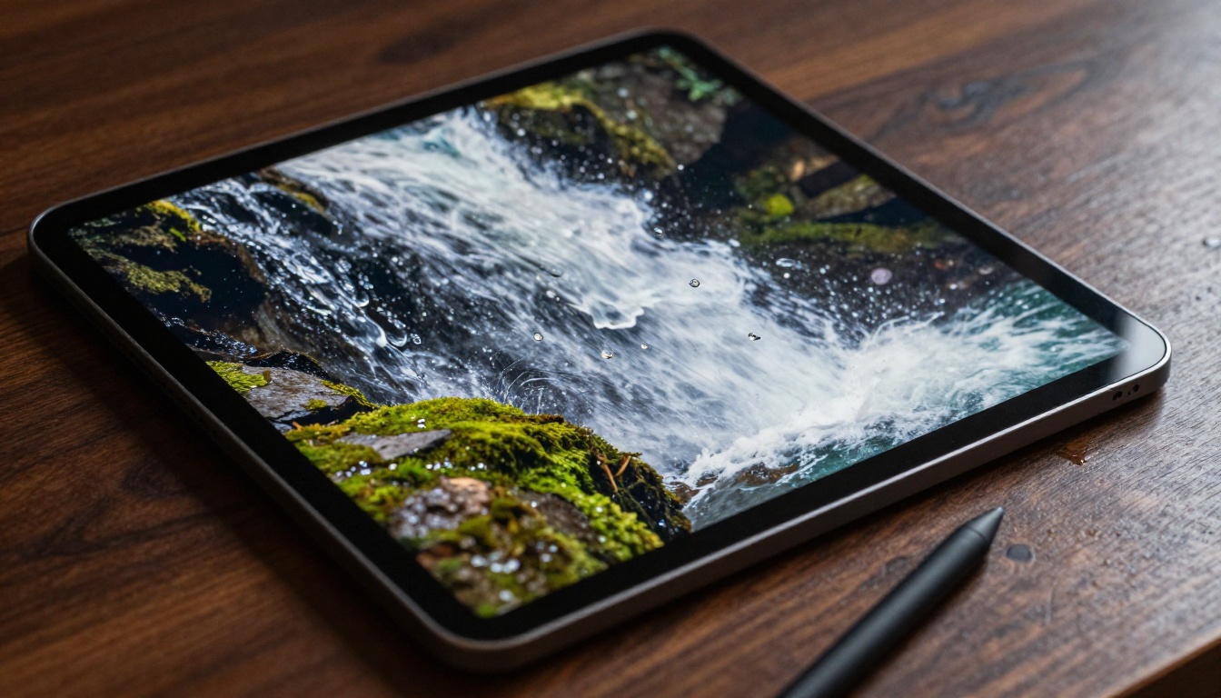 Tablet screen displaying AI-generated waterfall video still with photorealistic water motion blur on a walnut desk