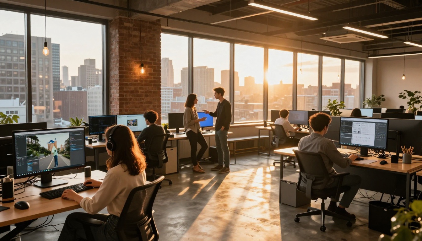 Wide shot of modern co-working space with creatives working on AI video projects at different workstations in golden hour light