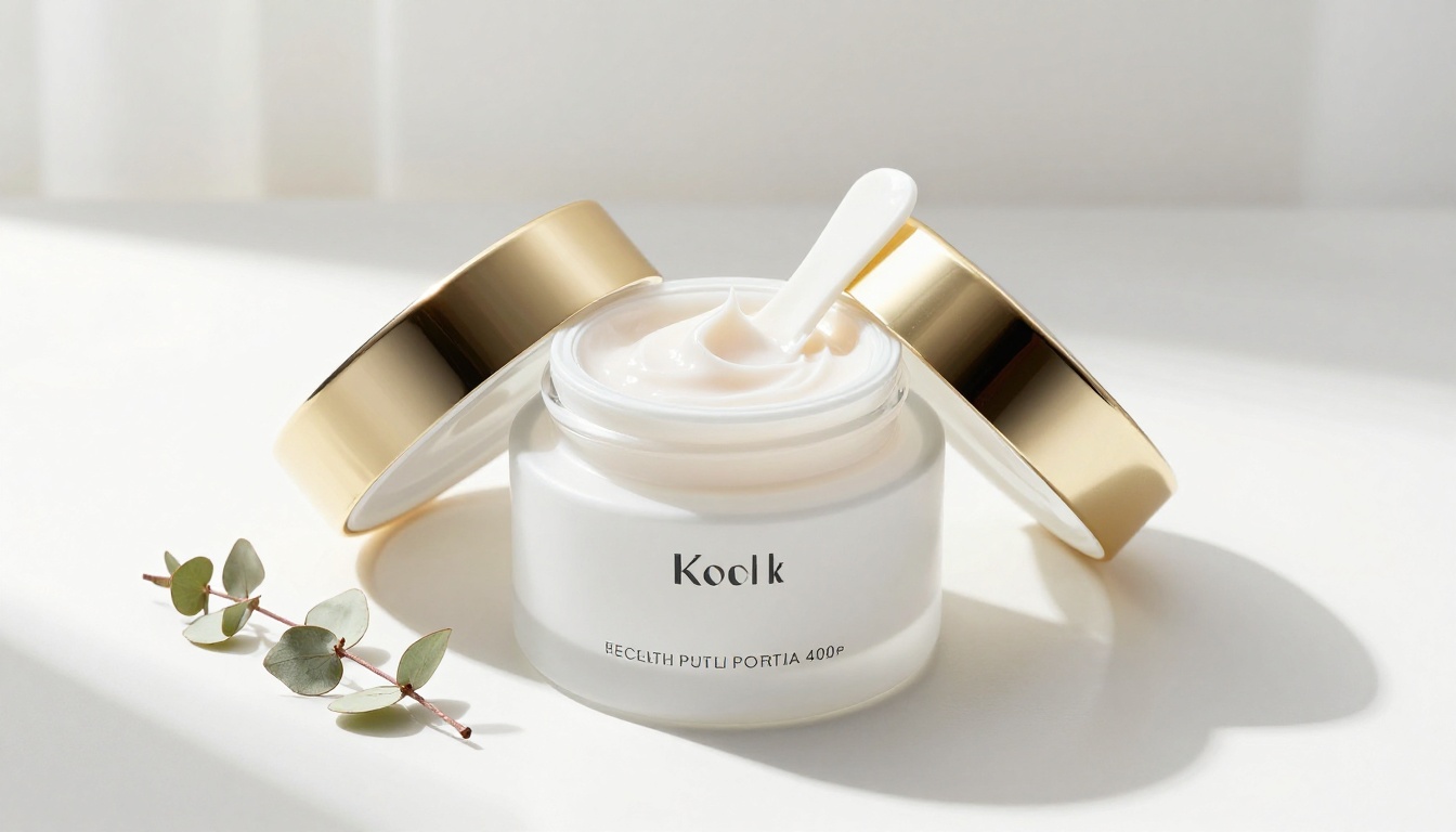 Overhead product shot of skincare cream jar with minimalist white background