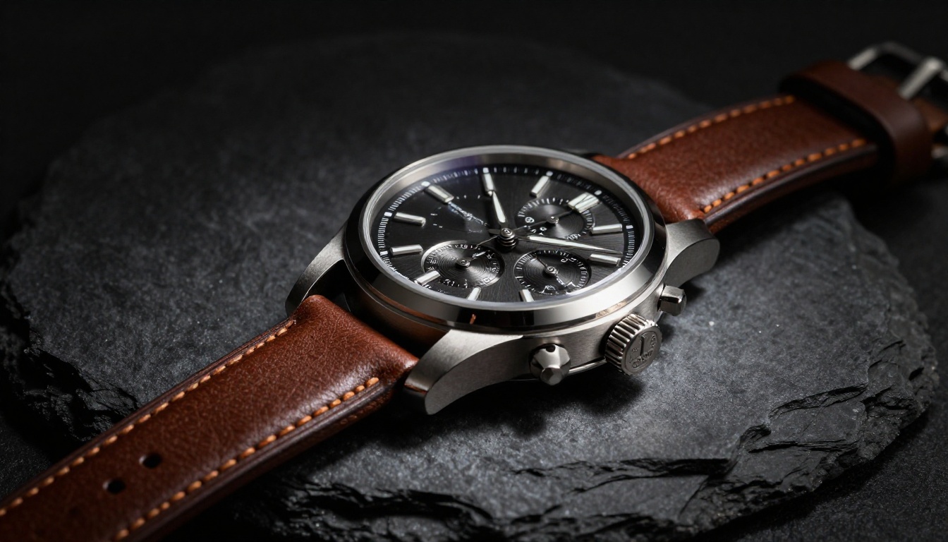 Premium mechanical watch on dark slate surface with dramatic side lighting