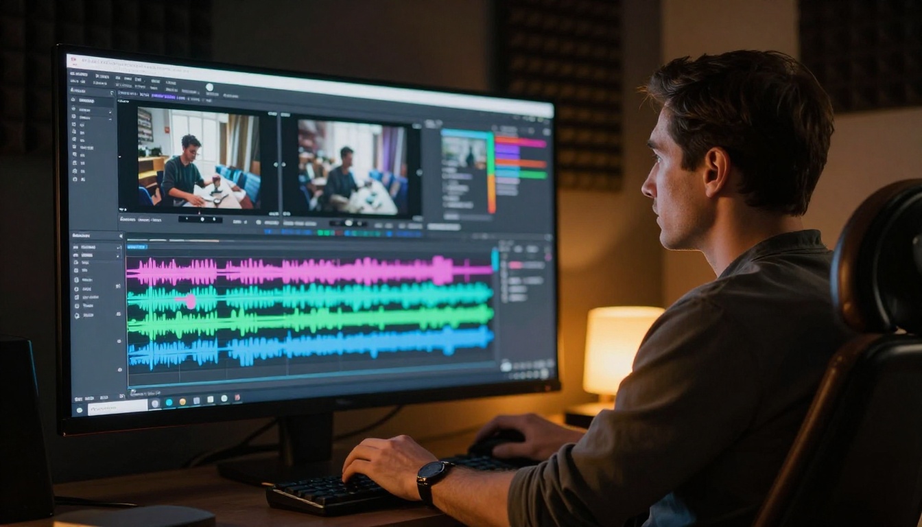 Filmmaker reviewing AI video clips on a large professional monitor