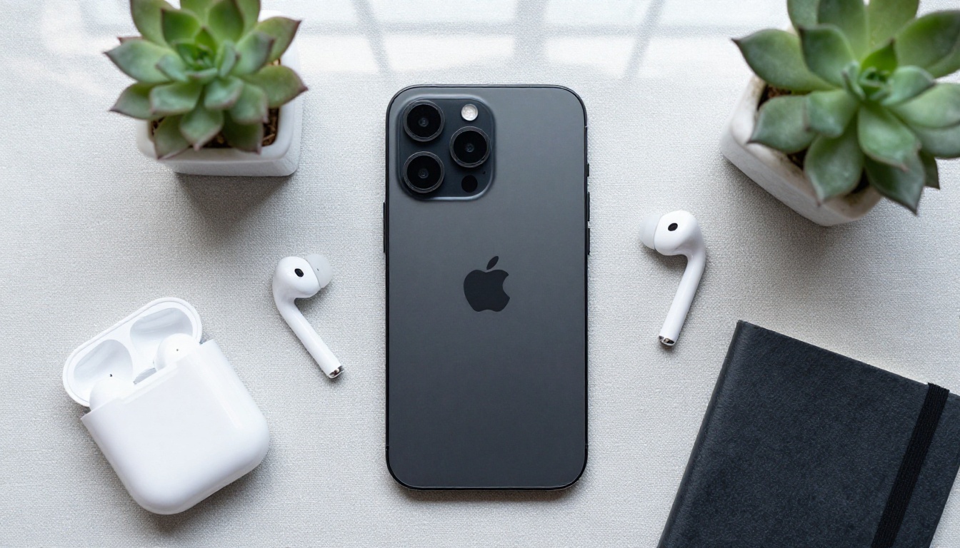 Matte black smartphone flatlay with earbuds and accessories on grey linen surface