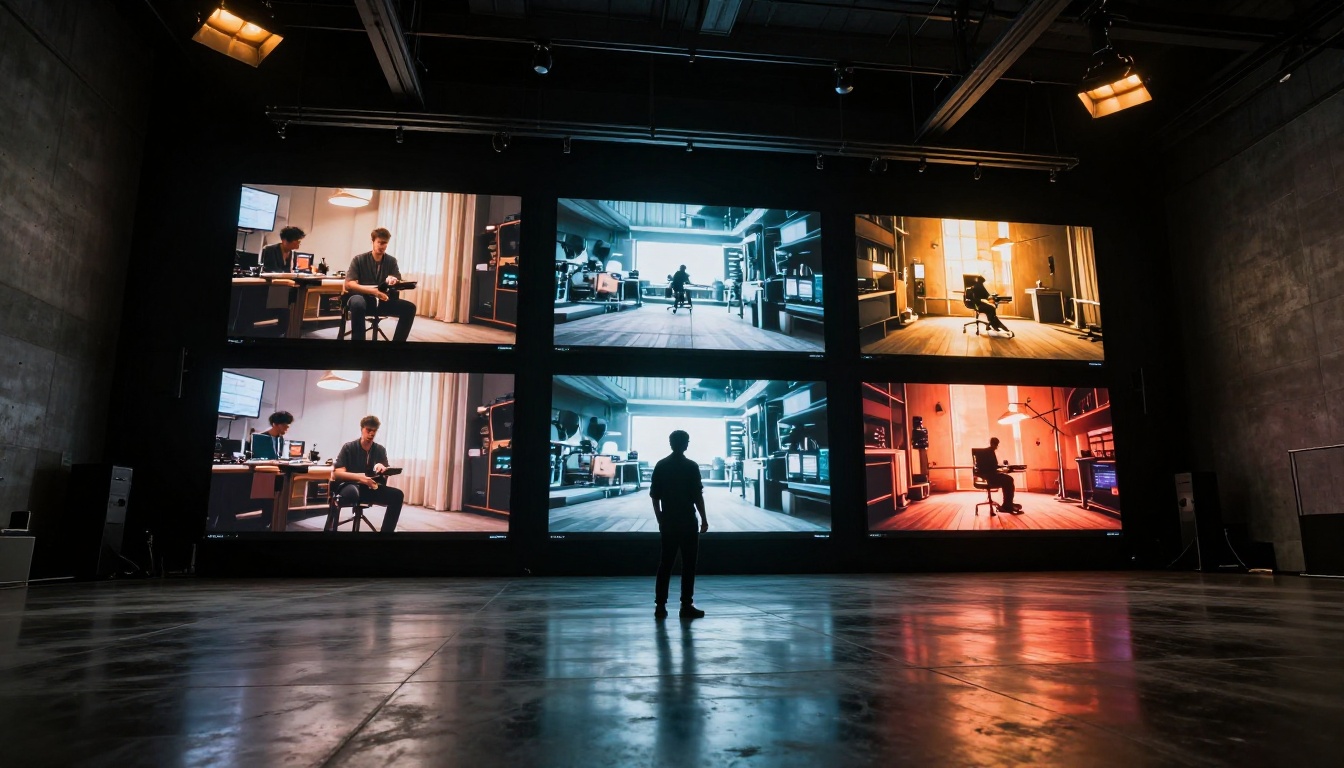 LED video wall showing cinematic frames in a dark production studio