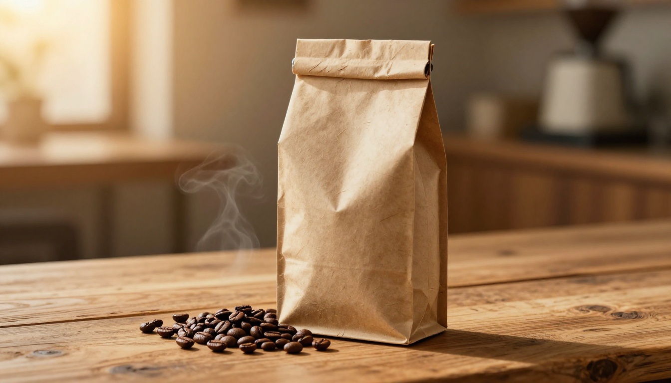 Artisan kraft paper coffee bag with scattered dark roast beans and warm golden backlight