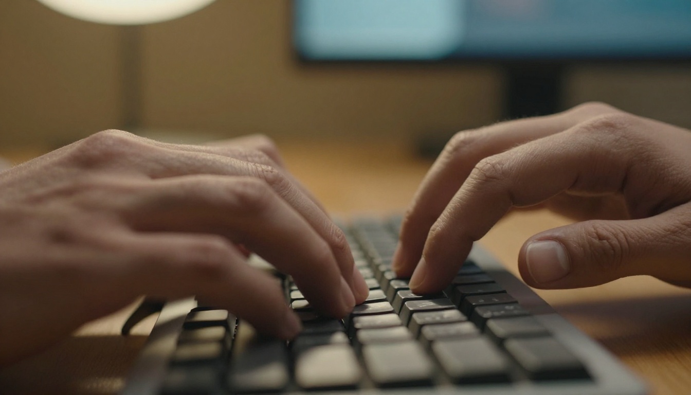 Hands typing a detailed AI prompt on a mechanical keyboard